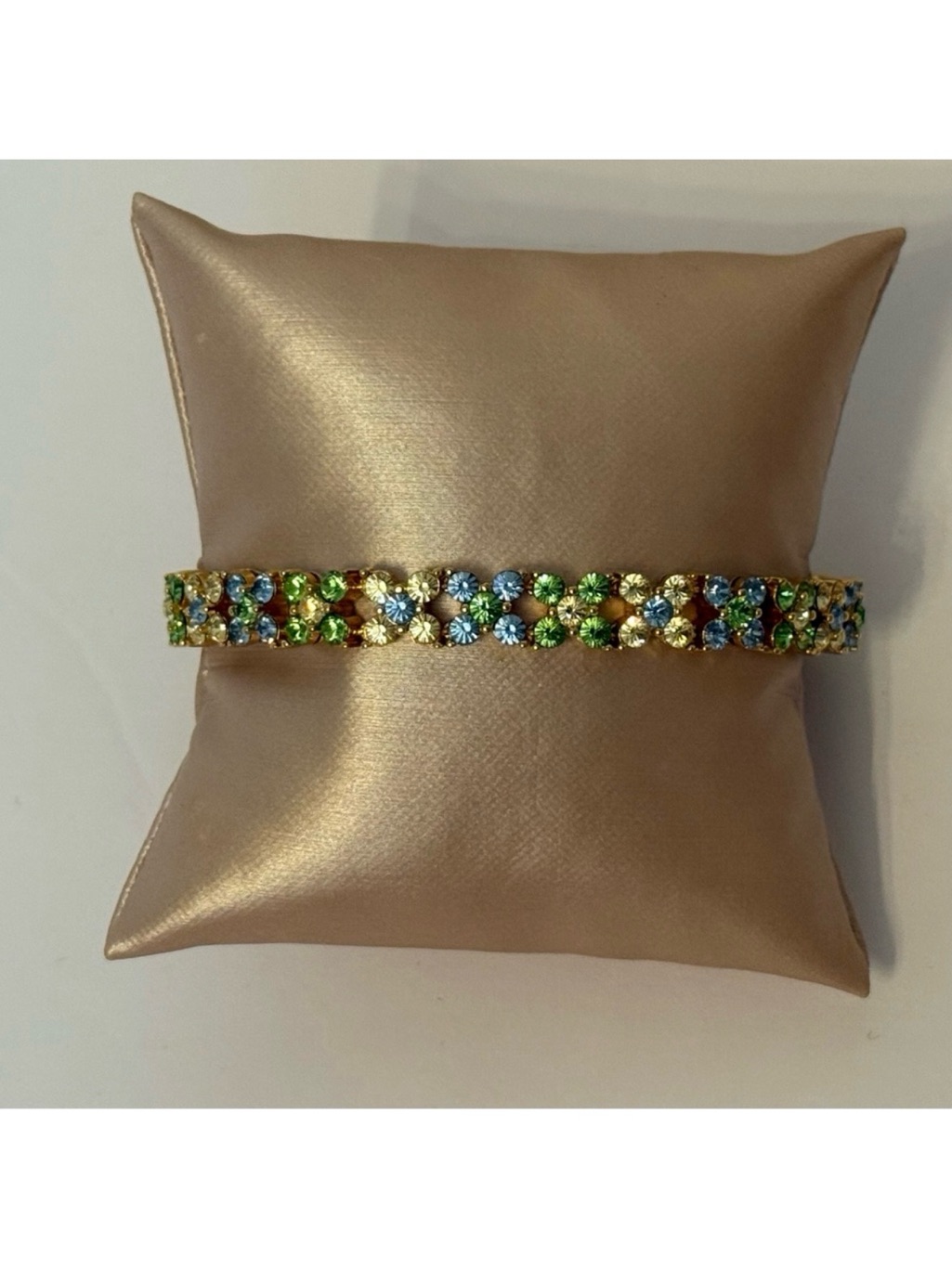 Joan Rivers Tennis Bracelet Green Blue White Rhinestone Gold Tone Signed 8”